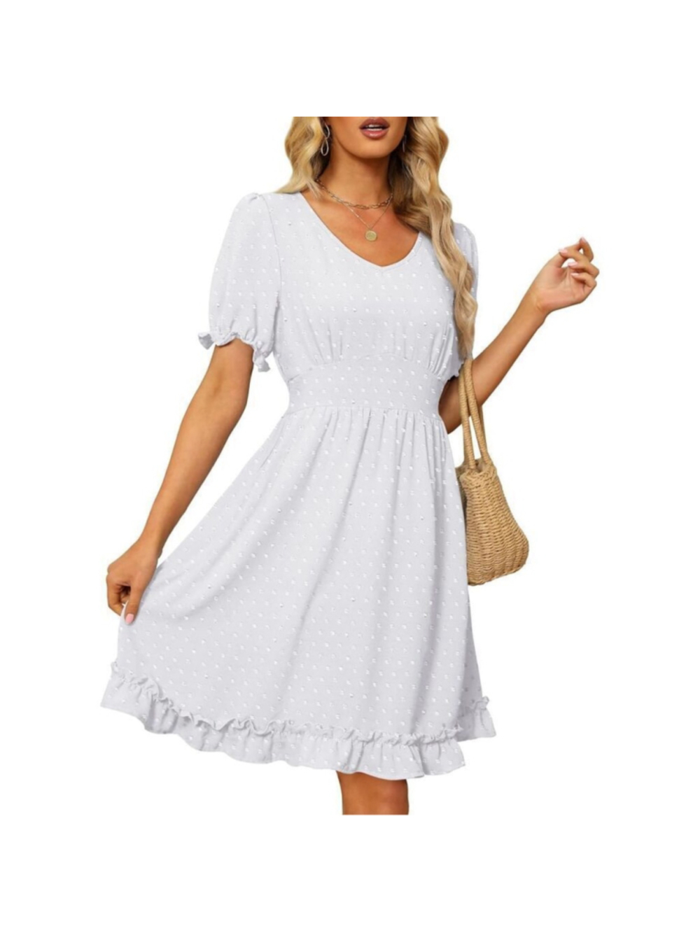 NEW White V Neck Short Sleeve Swiss Dot Mini Dress Pockets M - Picture 3 of 8